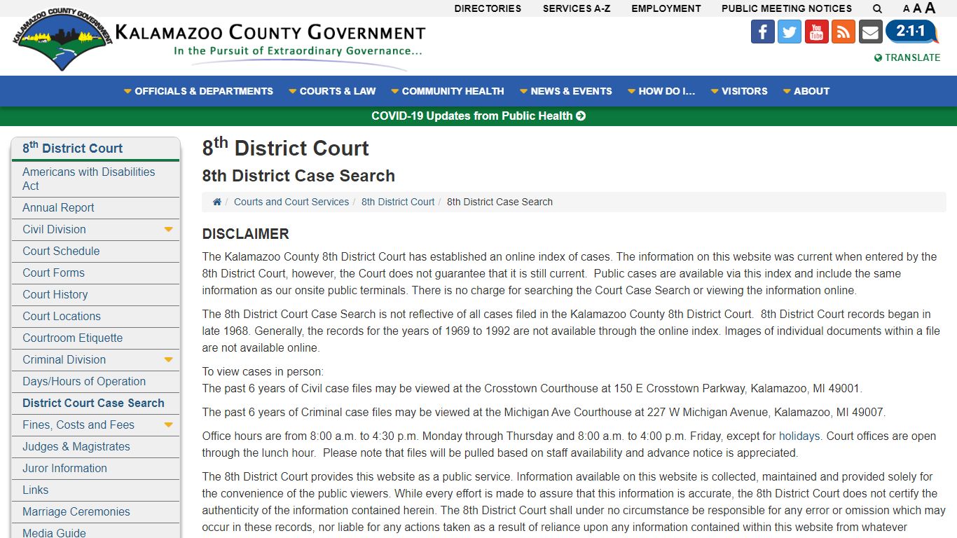 8th District Case Search - Kalamazoo County, Michigan